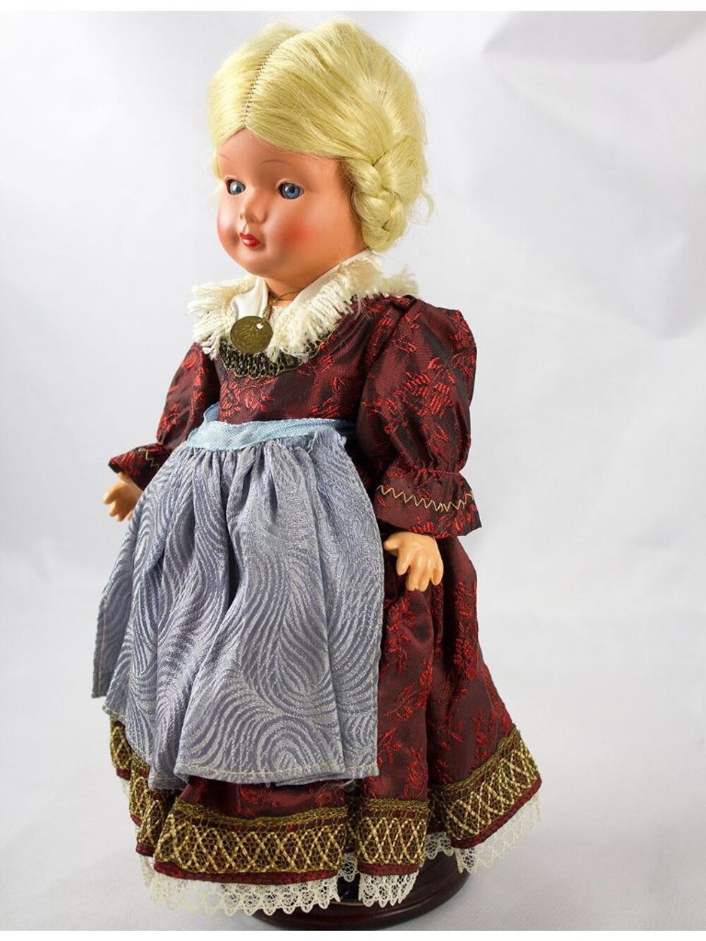 Vintage Plastic Costumed Souvenir Doll Blonde Braids 10" Mid-Century